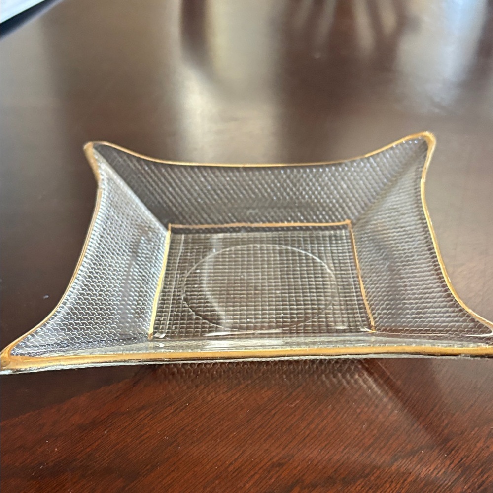 Vintage Waffle Glass dish with gold accent  Plate